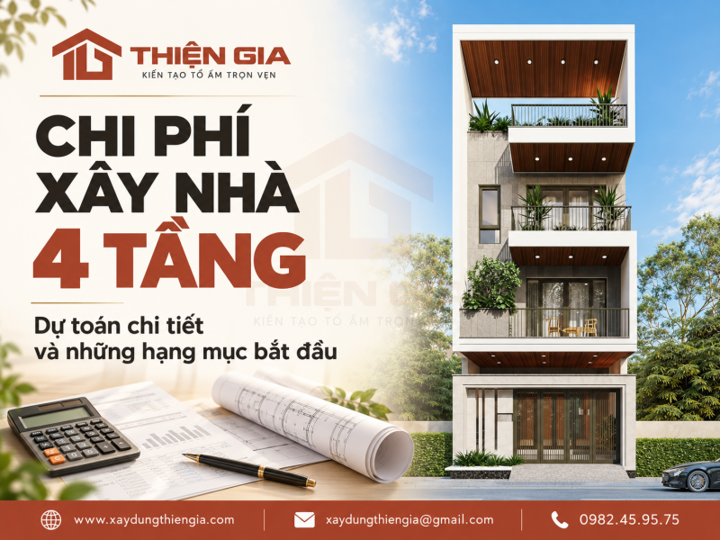 Chi phí xây nhà 4 tầng 2026: Dự toán chi tiết và những hạng mục bắt đầu "đắt lên" từ tầng 4