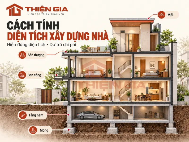 Cách tính diện tích xây dựng nhà: hệ số móng, mái, sân thượng, tầng hầm, ban công
