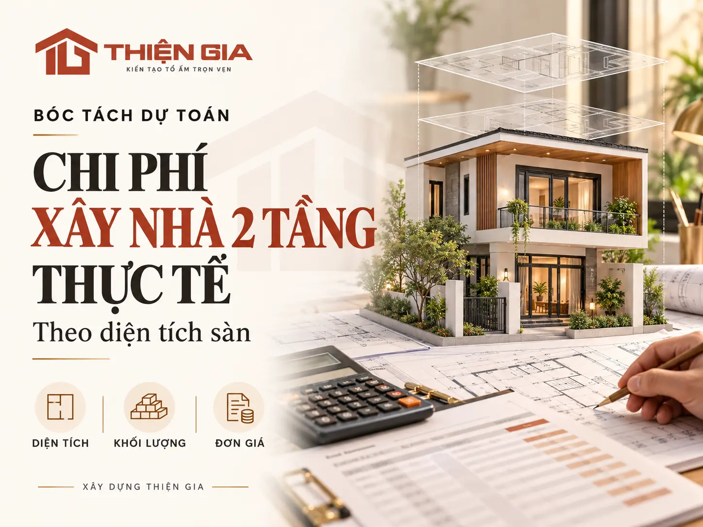 Bóc tách dự toán chi phí xây nhà 2 tầng thực tế theo diện tích sàn tại Xây Dựng Thiện Gia
