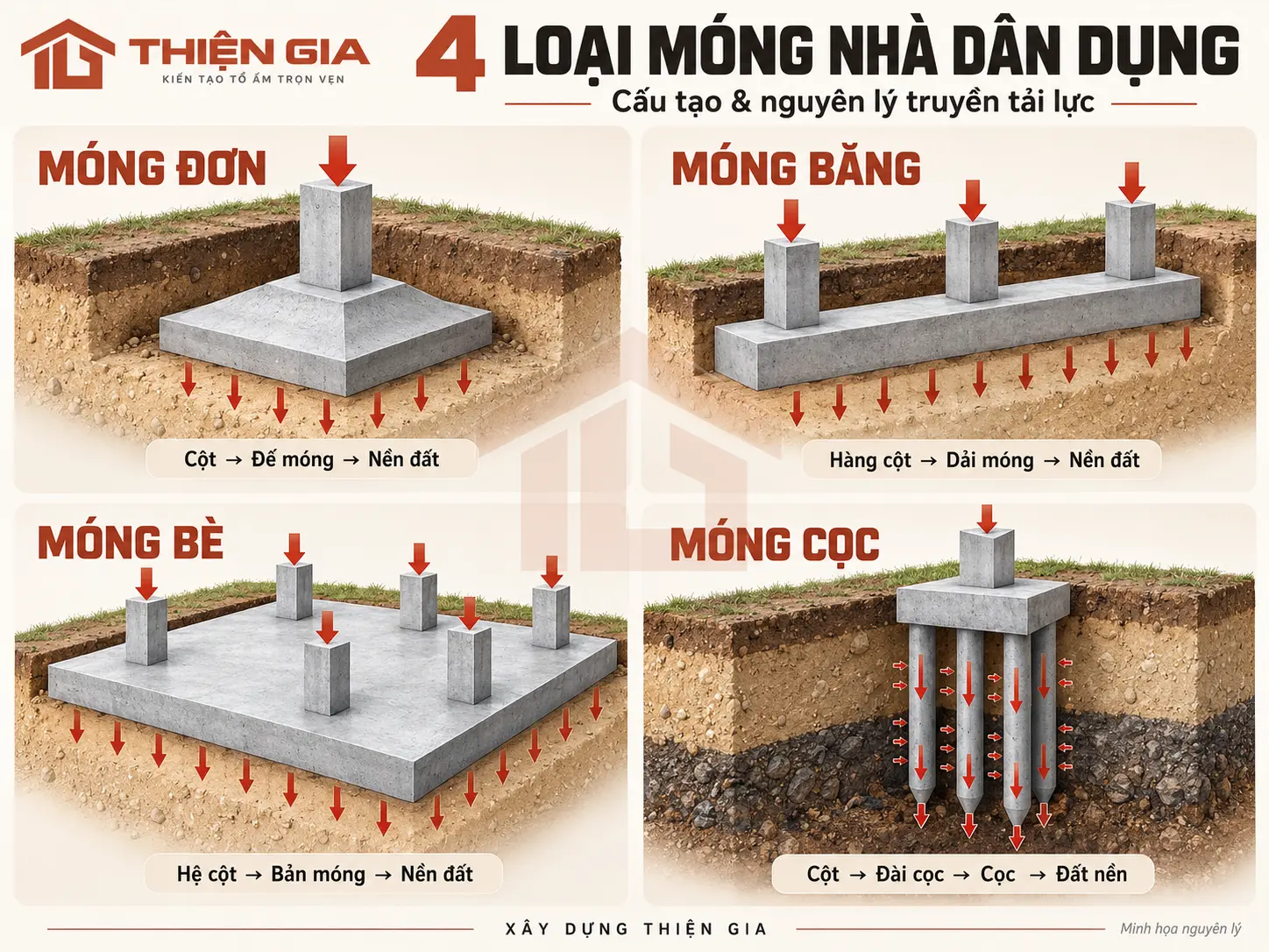 so sanh cau tao 4 loai mong nha dan dung mong don mong bang mong be mong coc