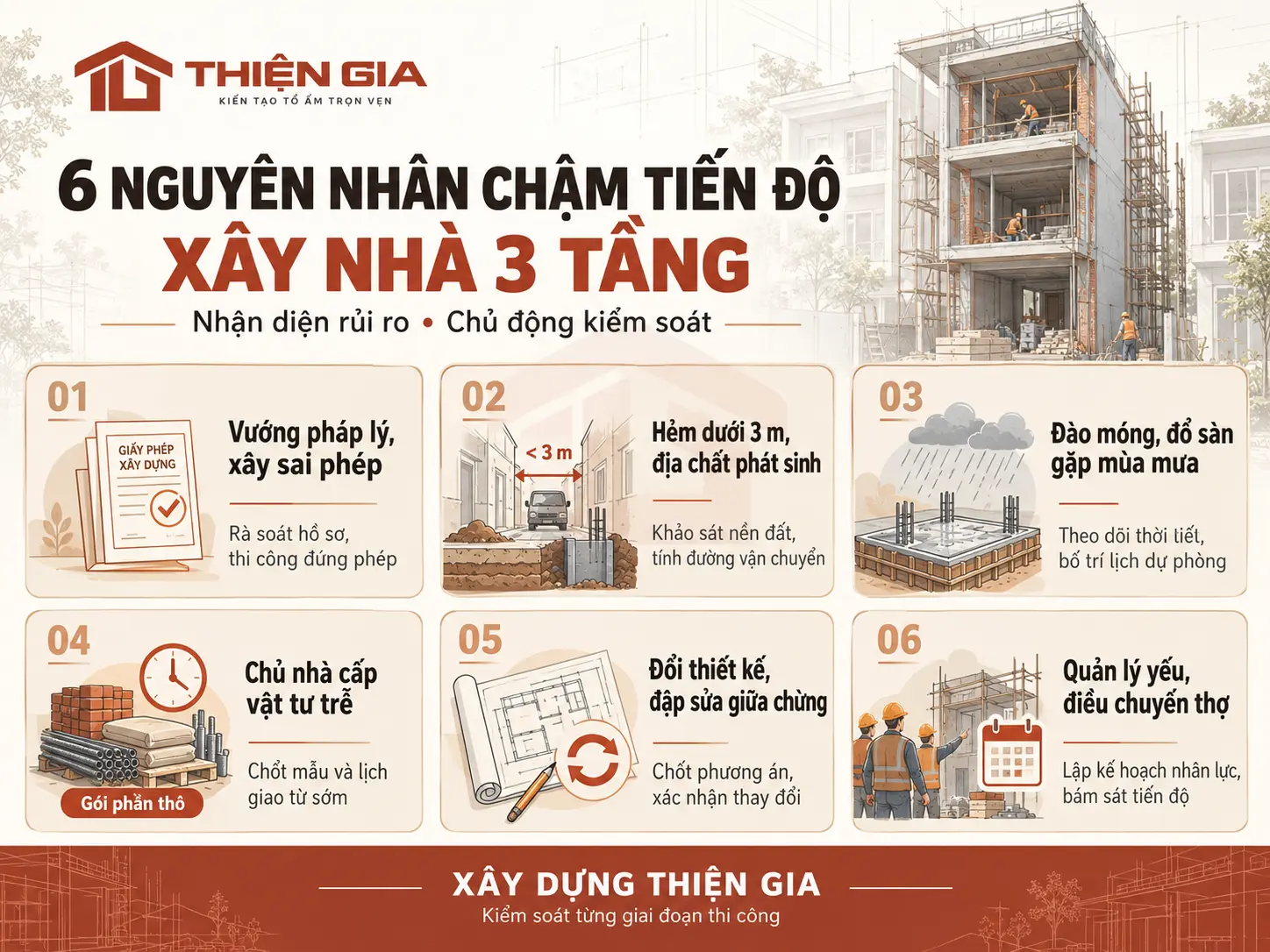 Các nguyên nhân gây chậm tiến độ xây nhà 3 tầng và cách kiểm soát tại Xây Dựng Thiện Gia