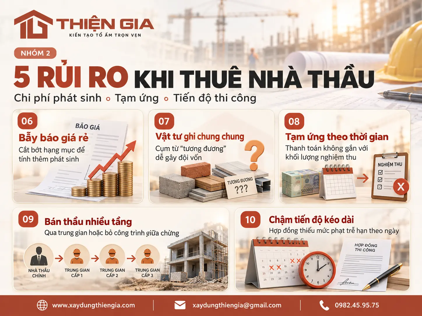 Nhóm 2: 5 rủi ro khi thuê nhà thầu về chi phí phát sinh, tạm ứng và tiến độ thi công