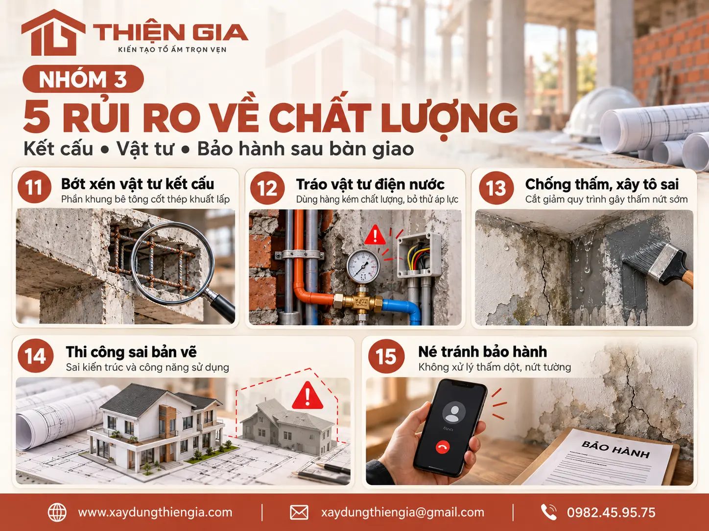 Nhóm 3: 5 rủi ro về chất lượng kết cấu, bớt xén vật tư và bảo hành sau bàn giao