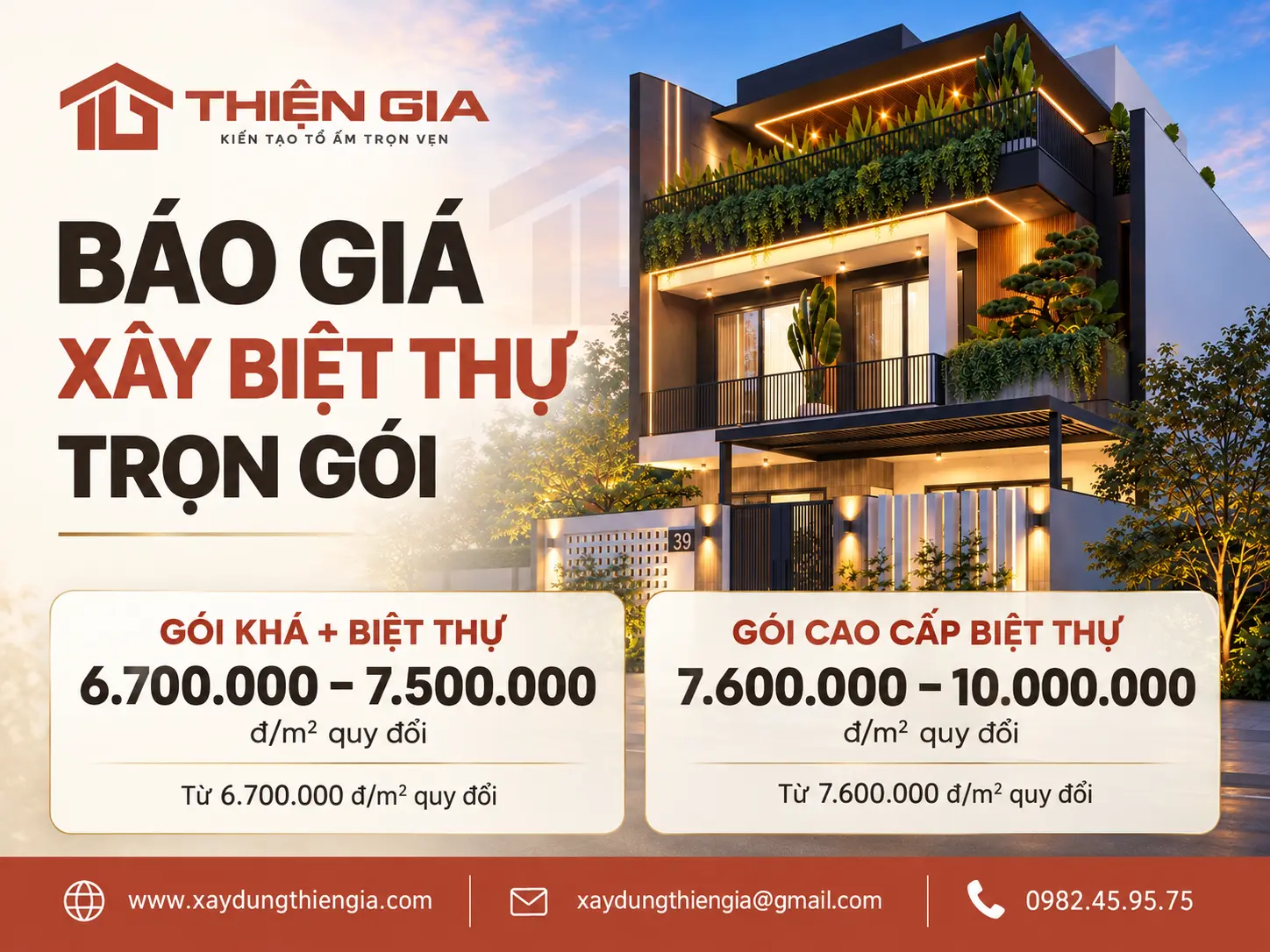 Bảng báo giá xây biệt thự trọn gói theo gói dịch vụ và phong cách kiến trúc