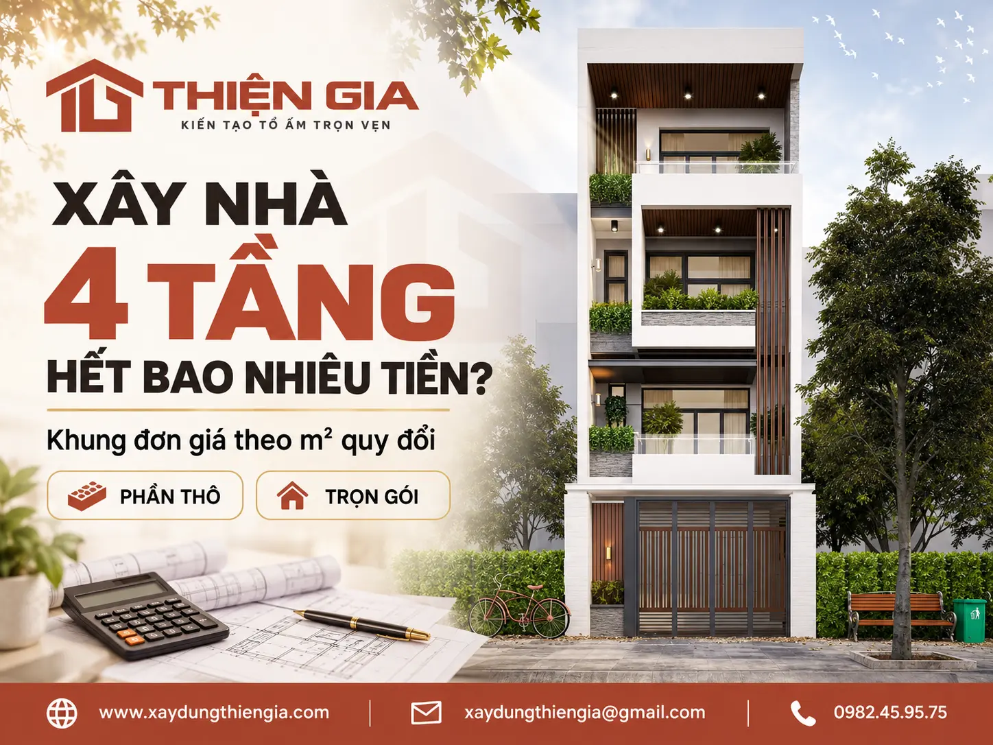 Xây nhà 4 tầng hết bao nhiêu tiền? Khung đơn giá phần thô và trọn gói theo m²