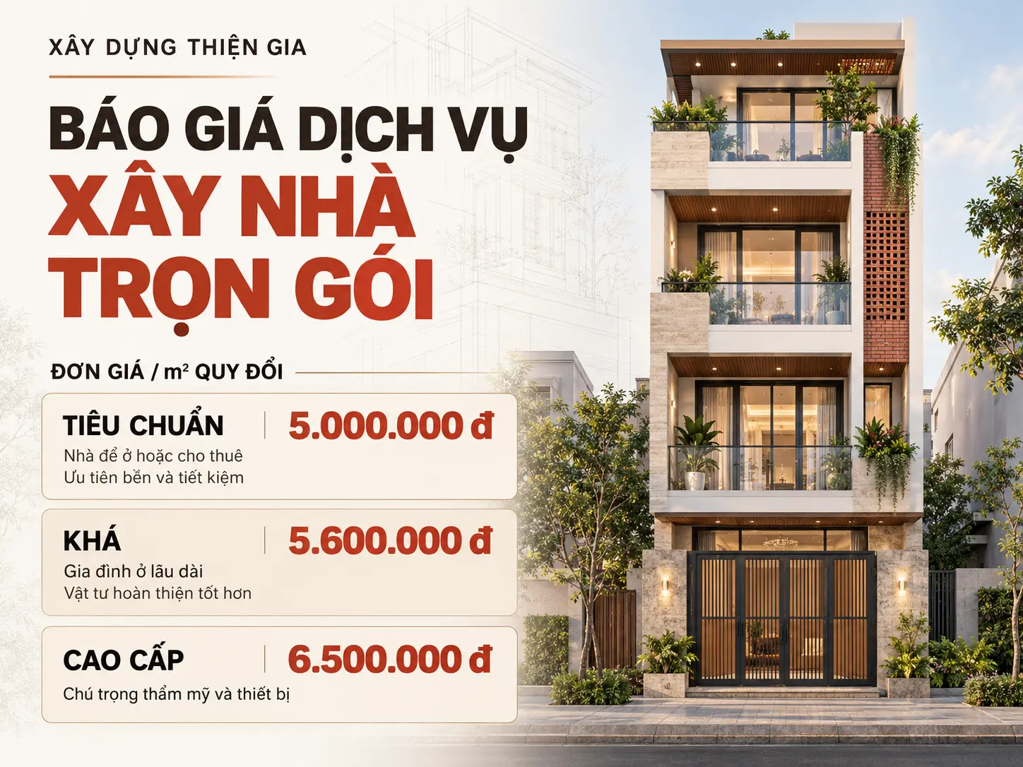 bảng giá xây nhà trọn gói